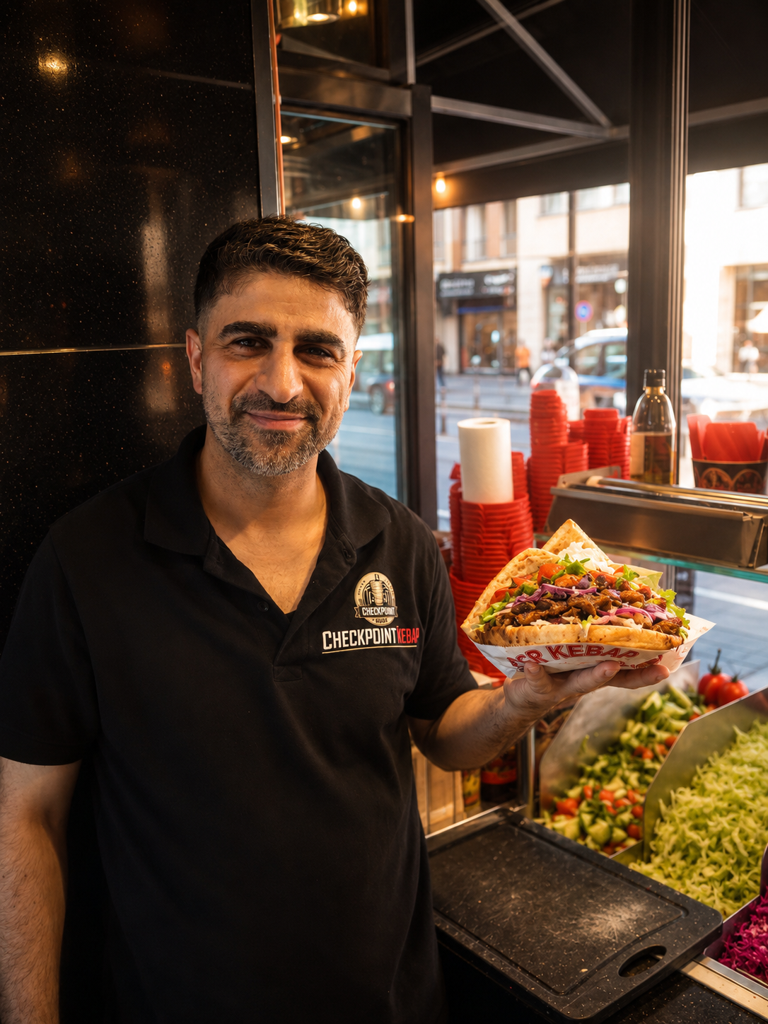 Checkpoint Mitarbeiter präsentiert einen frisch zubereiteten Döner