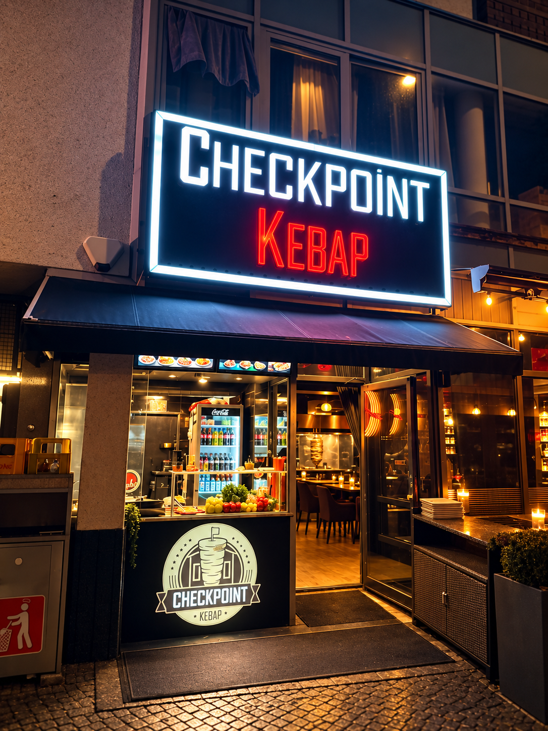 Hell beleuchteter Eingang von Checkpoint Kebap bei Nacht
